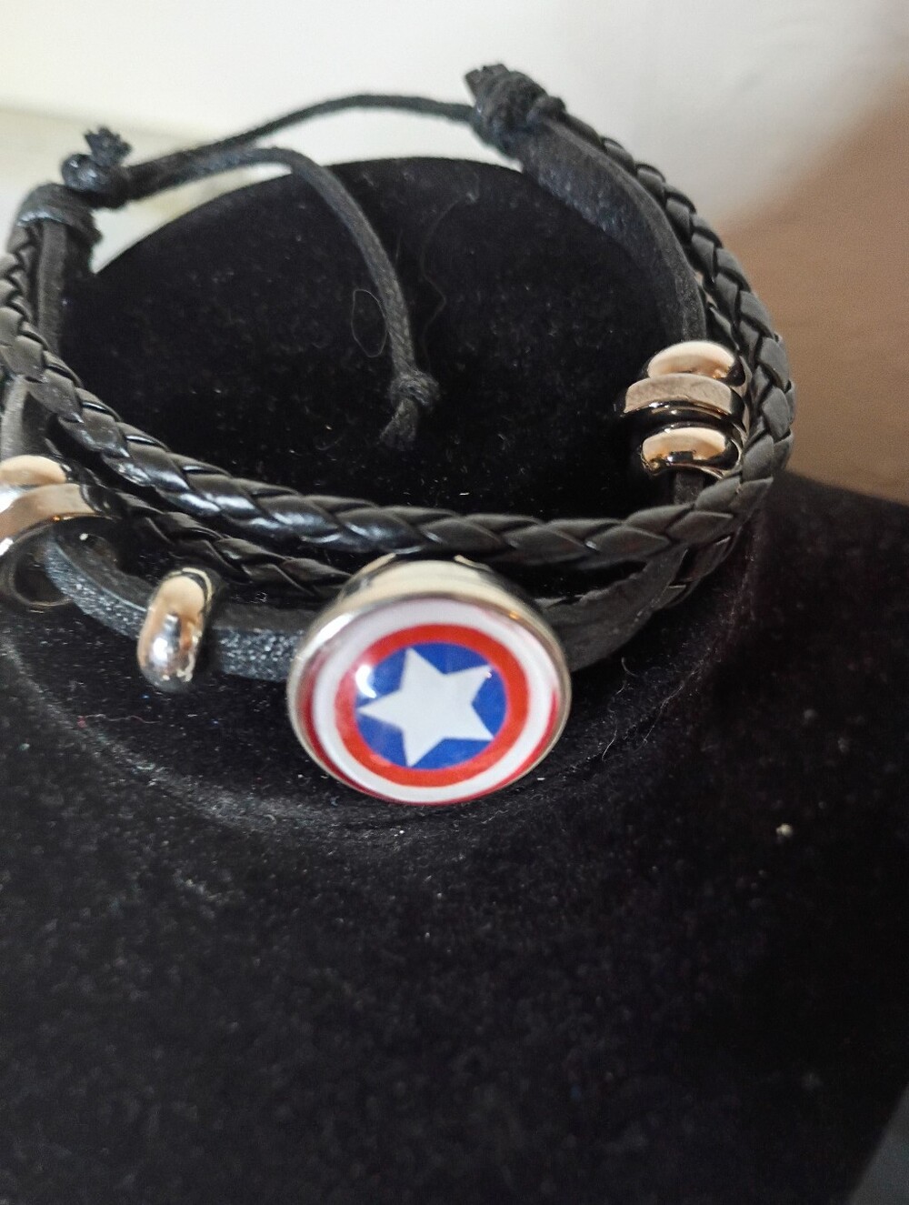 iris Black Multi-Strand Leather Bracelet with Red, White & Blue Star Emblem